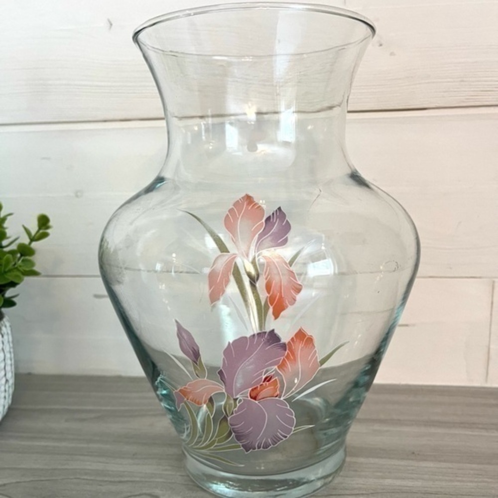 Glass Vase with Iris Design 9.5” Purple and Pink Irises